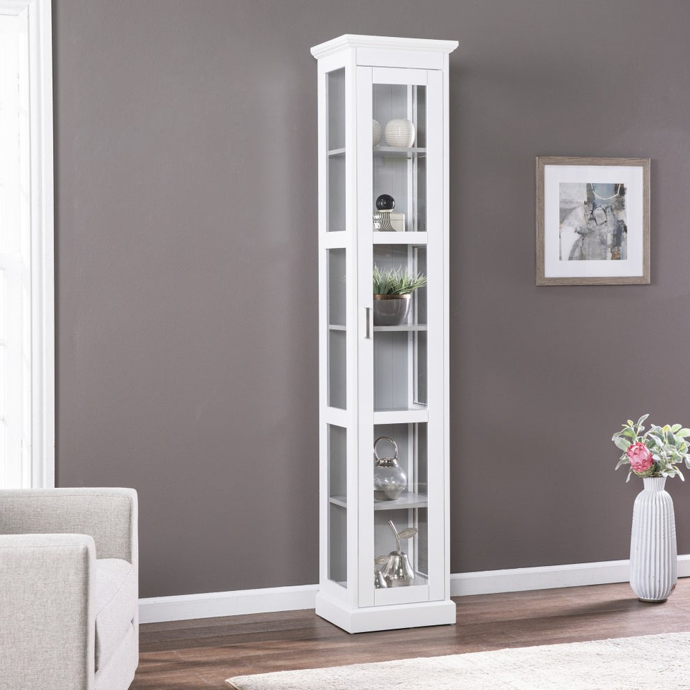 White Cornice Molding Curio With Glass Door By Homeroots | Cabinets | Modishstore