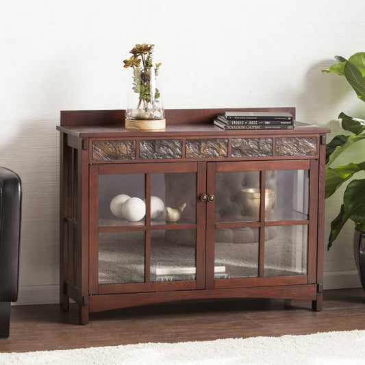 Earthy Mission Style Wood Slate And Glass Low Curio By Homeroots | Cabinets | Modishstore