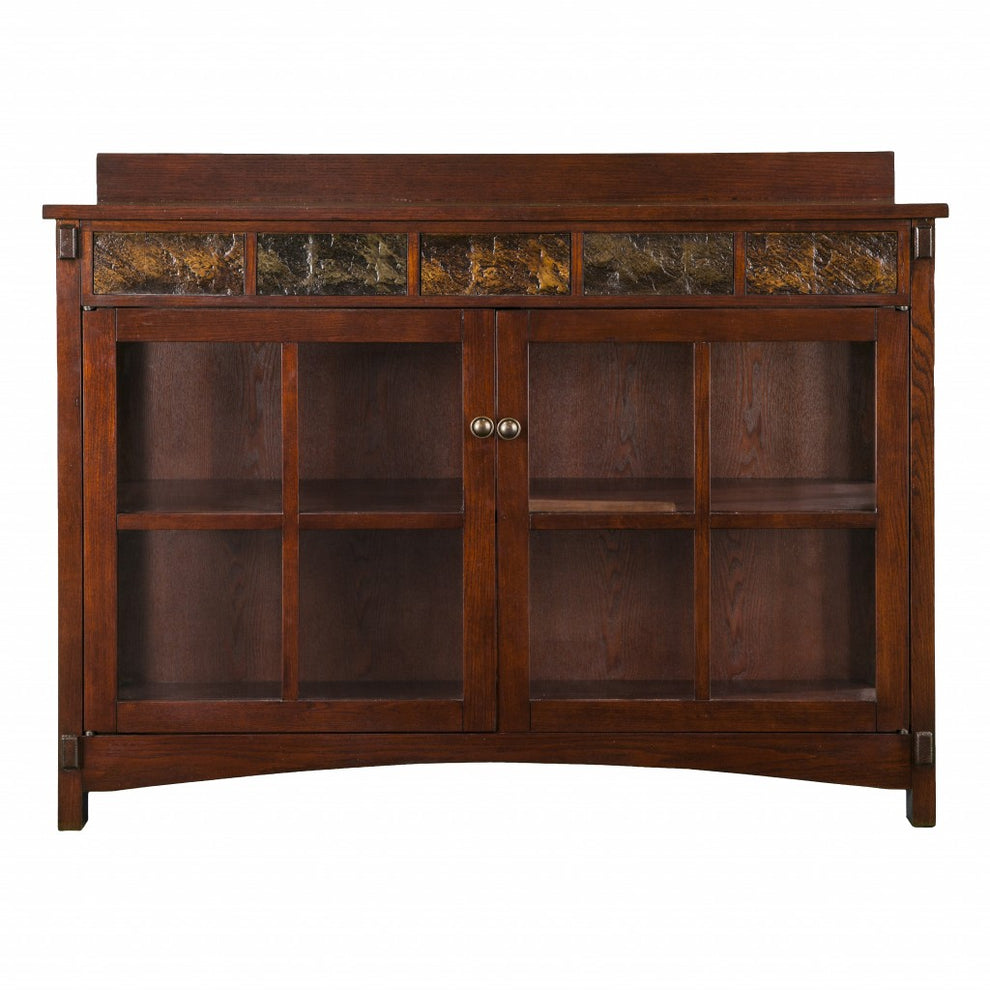 Earthy Mission Style Wood Slate And Glass Low Curio By Homeroots | Cabinets | Modishstore - 3