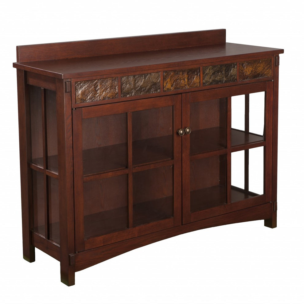 Earthy Mission Style Wood Slate And Glass Low Curio By Homeroots | Cabinets | Modishstore - 4