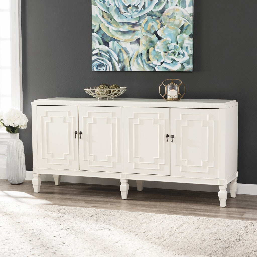 Antiqued White Geometric Lines Low Accent Cabinet Buffet By Homeroots | Sideboards | Modishstore