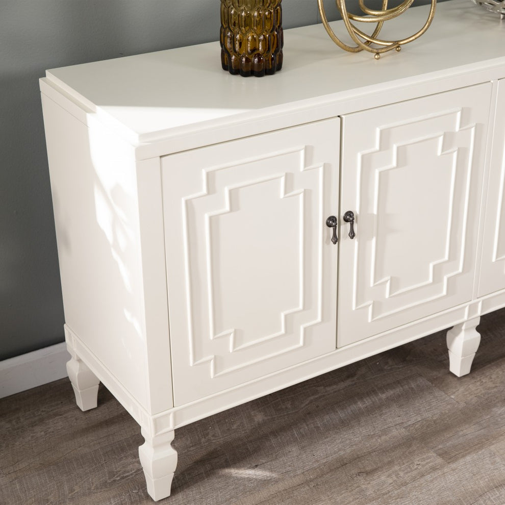 Antiqued White Geometric Lines Low Accent Cabinet Buffet By Homeroots | Sideboards | Modishstore - 2