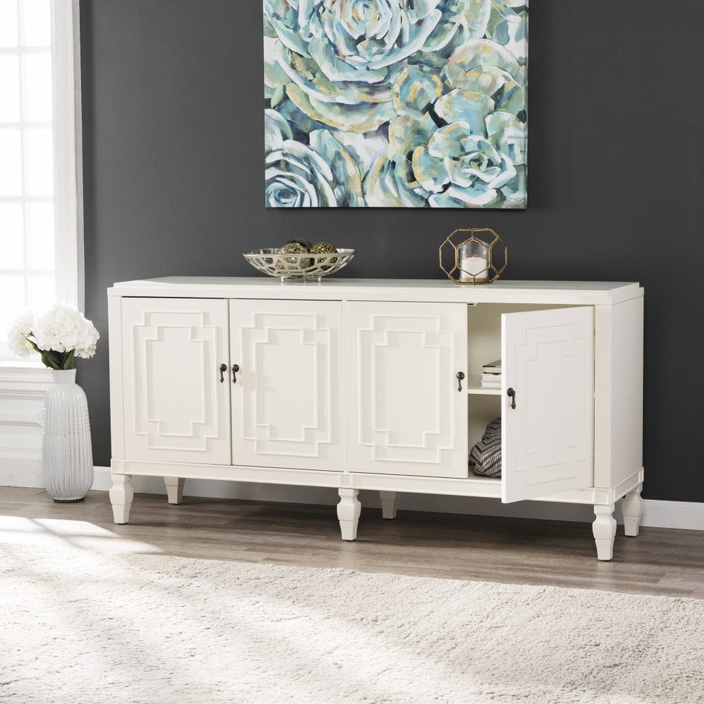 Antiqued White Geometric Lines Low Accent Cabinet Buffet By Homeroots | Sideboards | Modishstore - 3