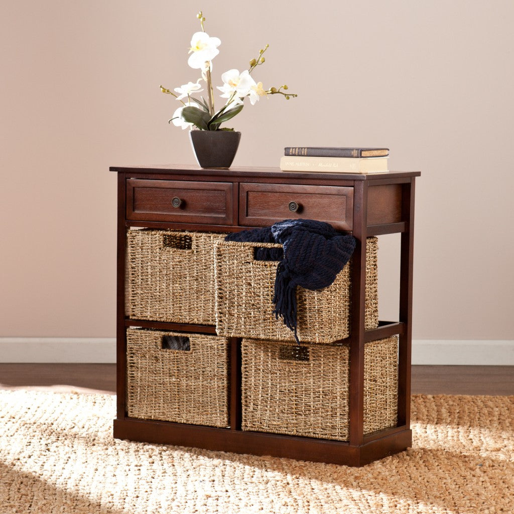 Mahogany And Seagrass Basket Storage Shelving Unit By Homeroots | Cabinets | Modishstore