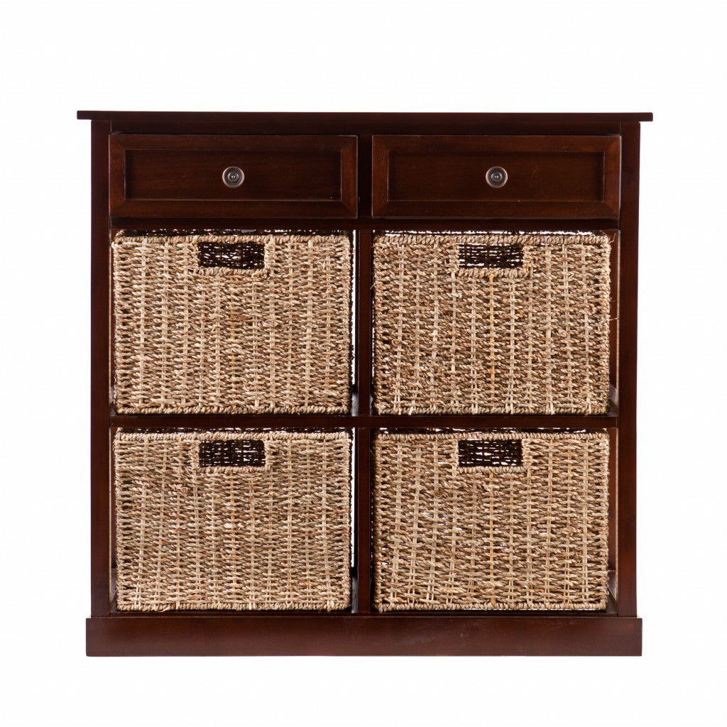 Mahogany And Seagrass Basket Storage Shelving Unit By Homeroots | Cabinets | Modishstore - 3