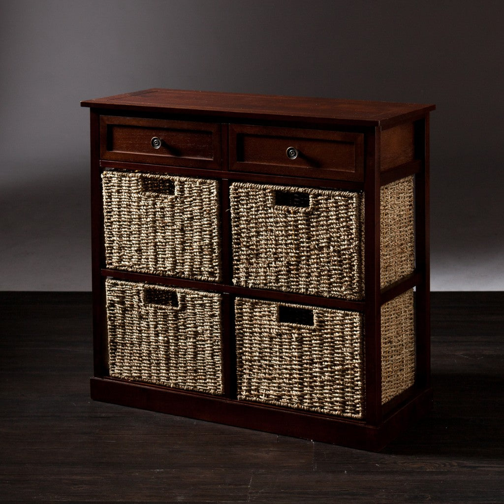 Mahogany And Seagrass Basket Storage Shelving Unit By Homeroots | Cabinets | Modishstore - 5