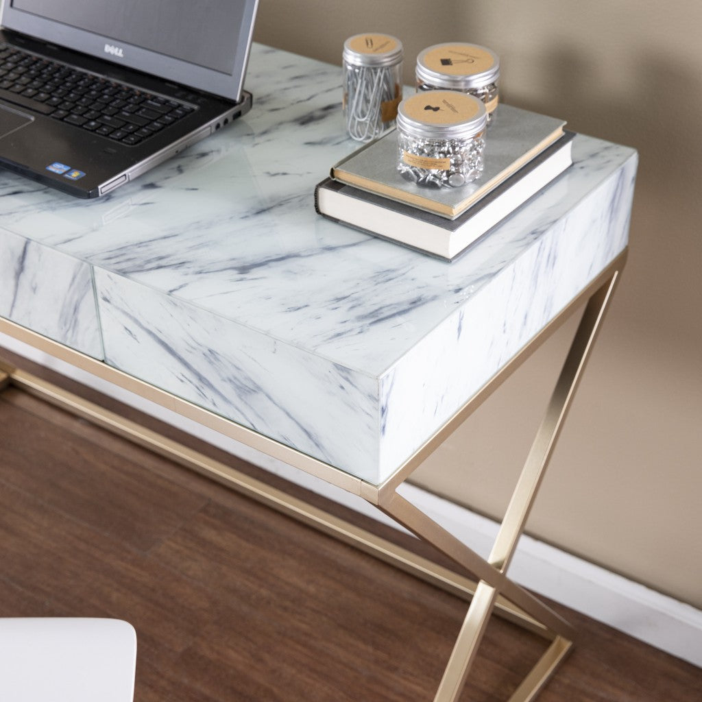 Faux Marble Writing Desk with Storage By Homeroots | Desks | Modishstore - 2