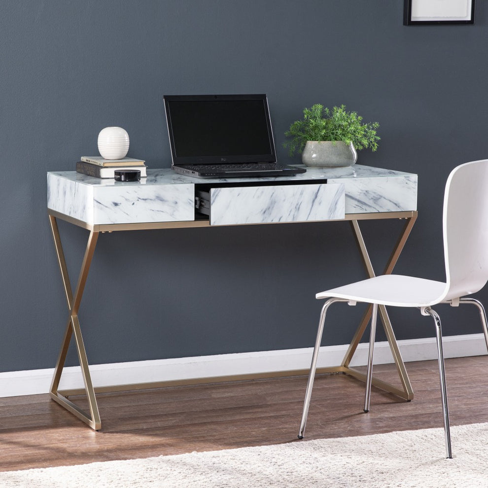 Faux Marble Writing Desk with Storage By Homeroots | Desks | Modishstore - 3
