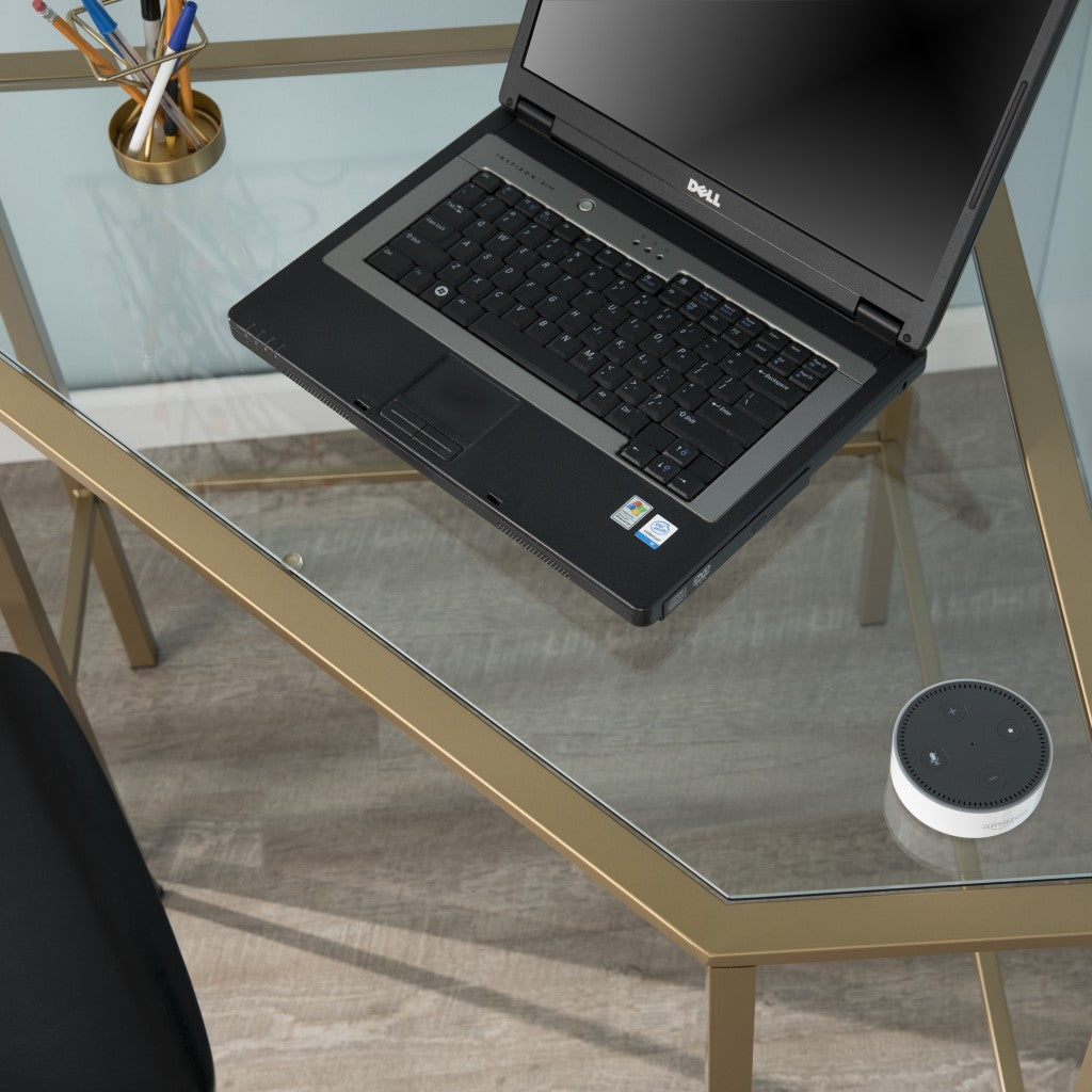 Soft Gold Metal and Glass Corner Desk By Homeroots | Desks | Modishstore - 2