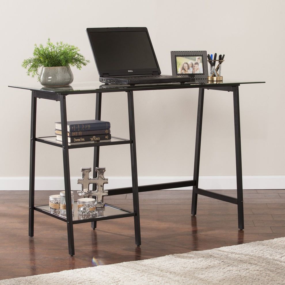 Black A Frame Metal and Glass Writing Desk By Homeroots | Desks | Modishstore - 3