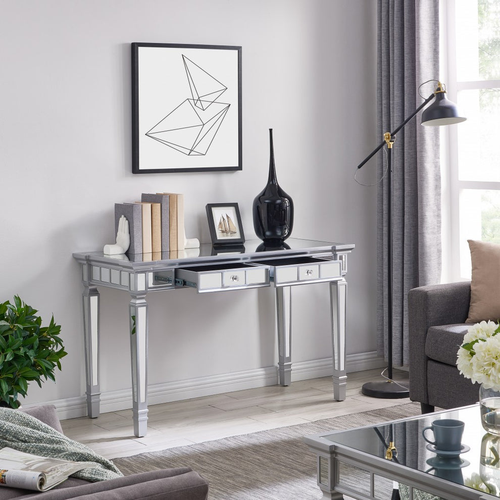Silver Mirrored Writing Desk with Drawers By Homeroots | Desks | Modishstore - 3