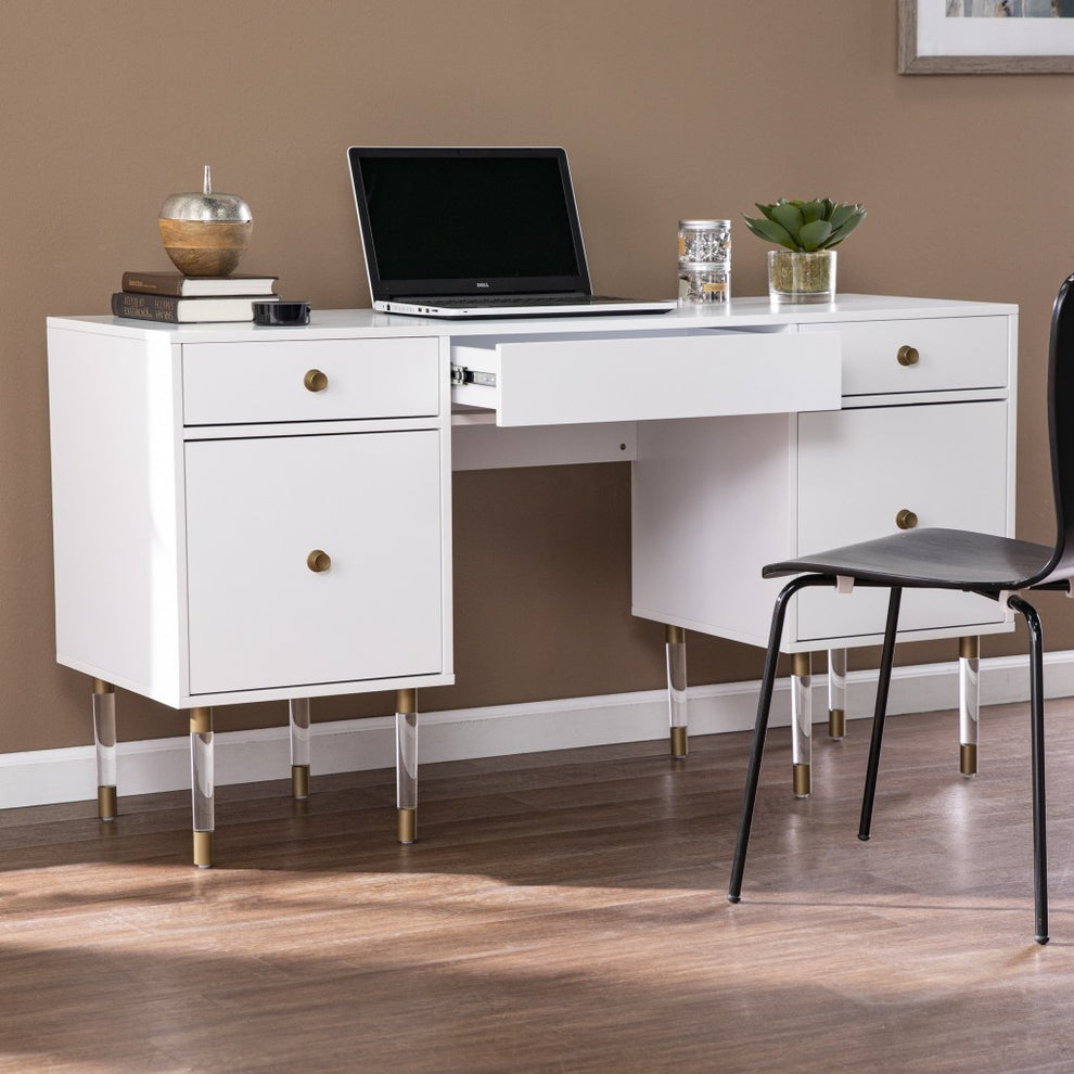 White Wood and Acrylic Writing Desk By Homeroots | Desks | Modishstore - 3