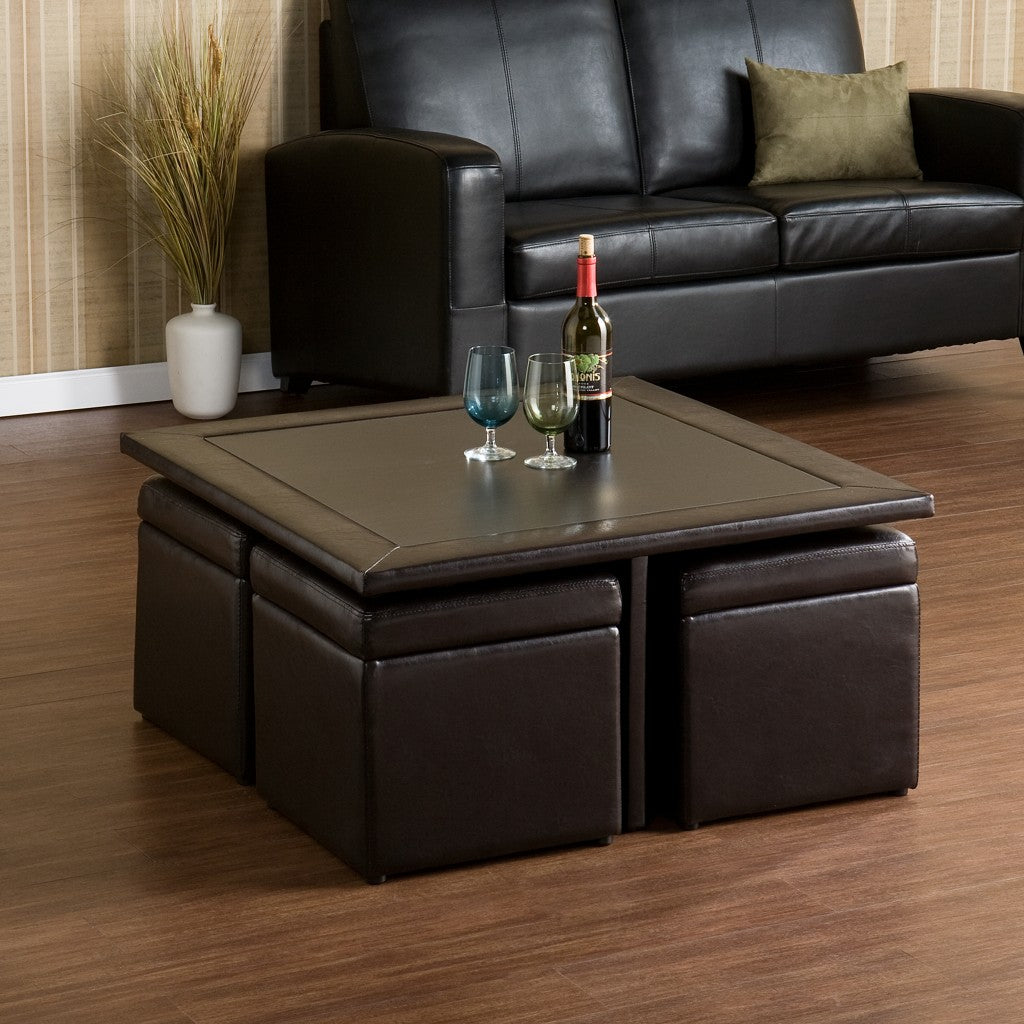 Five Piece Dark Brown Faux Leather Coffee Table and Storage Ottoman Set By Homeroots | Coffee Tables | Modishstore