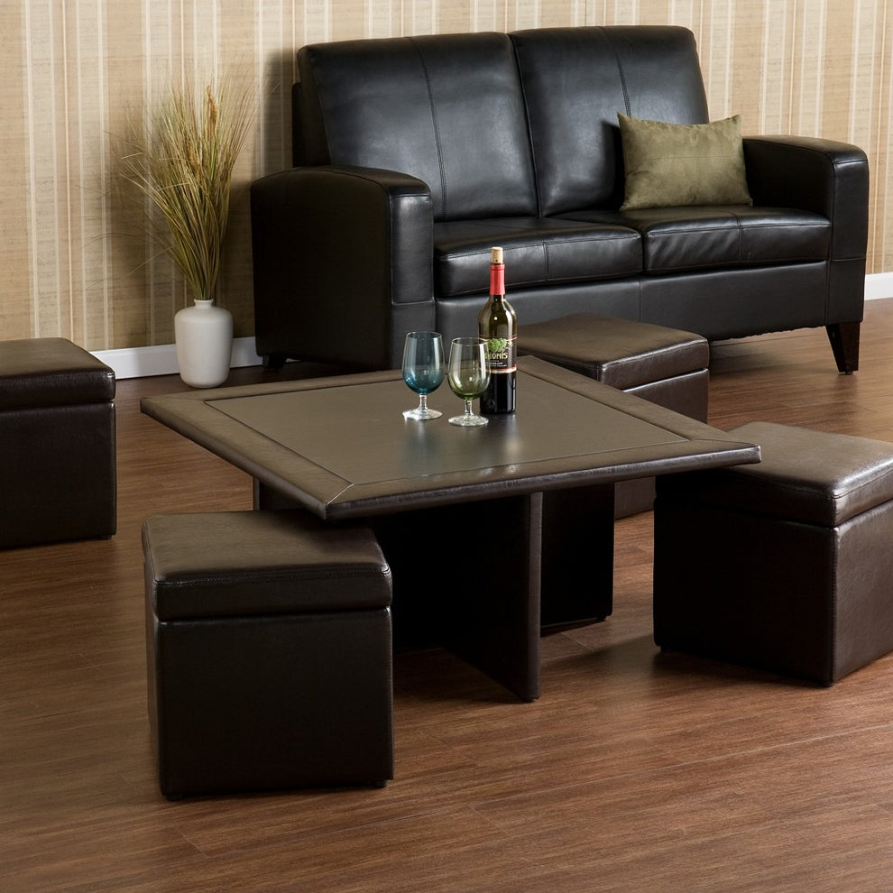 Five Piece Dark Brown Faux Leather Coffee Table and Storage Ottoman Set By Homeroots | Coffee Tables | Modishstore - 2