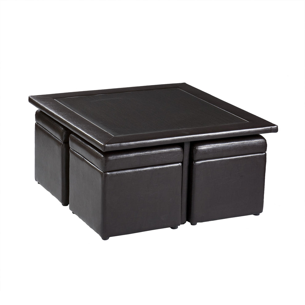 Five Piece Dark Brown Faux Leather Coffee Table and Storage Ottoman Set By Homeroots | Coffee Tables | Modishstore - 3