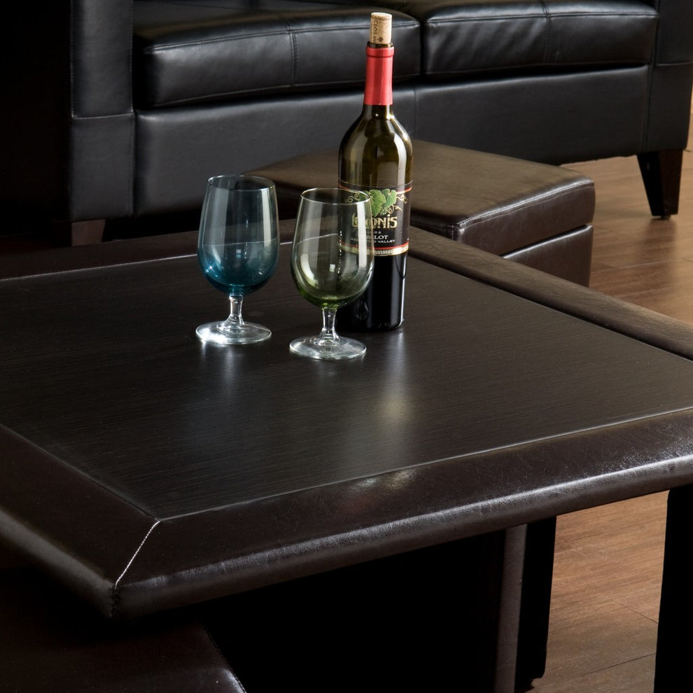 Five Piece Dark Brown Faux Leather Coffee Table and Storage Ottoman Set By Homeroots | Coffee Tables | Modishstore - 7