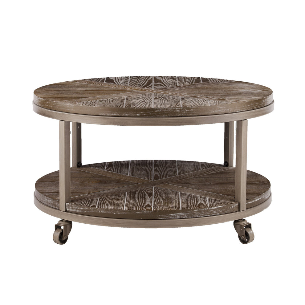 32" Brown Rustic and Distressed Round Two Tier Rolling Coffee Table By Homeroots | Coffee Tables | Modishstore - 2