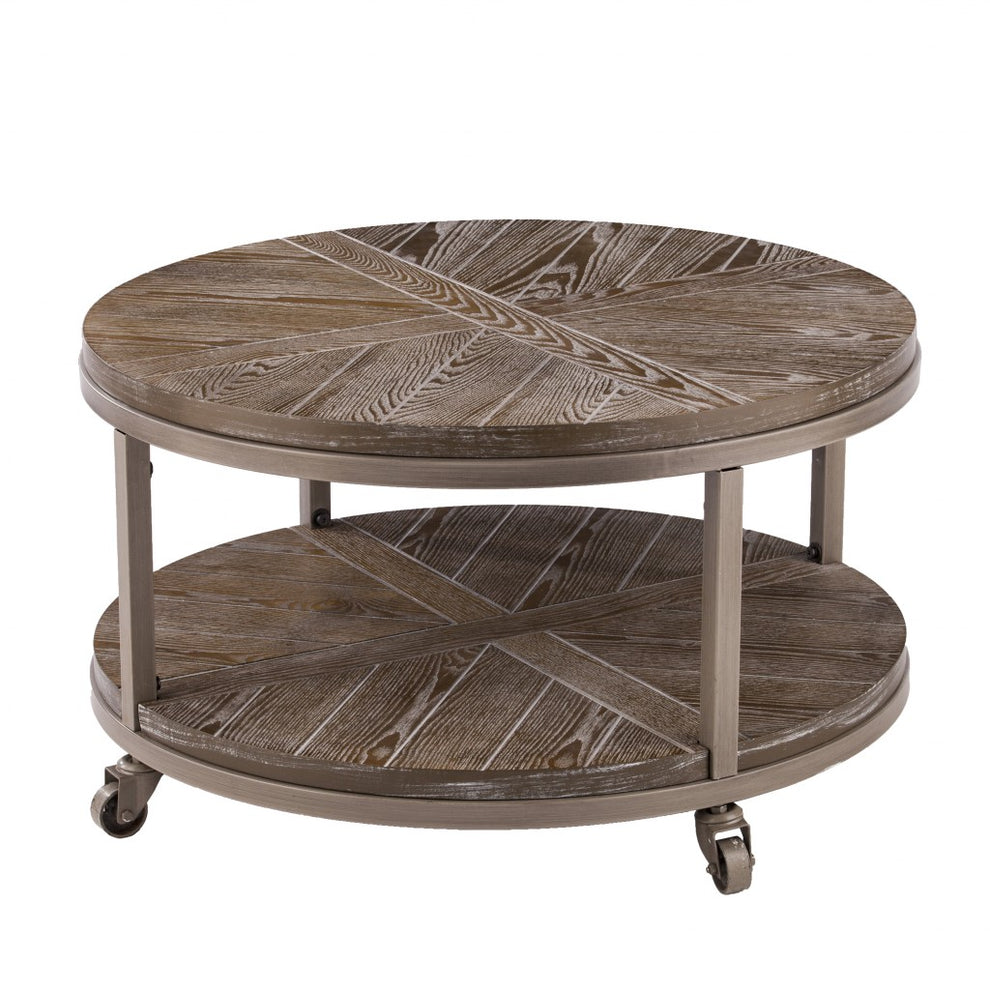 32" Brown Rustic and Distressed Round Two Tier Rolling Coffee Table By Homeroots | Coffee Tables | Modishstore - 3