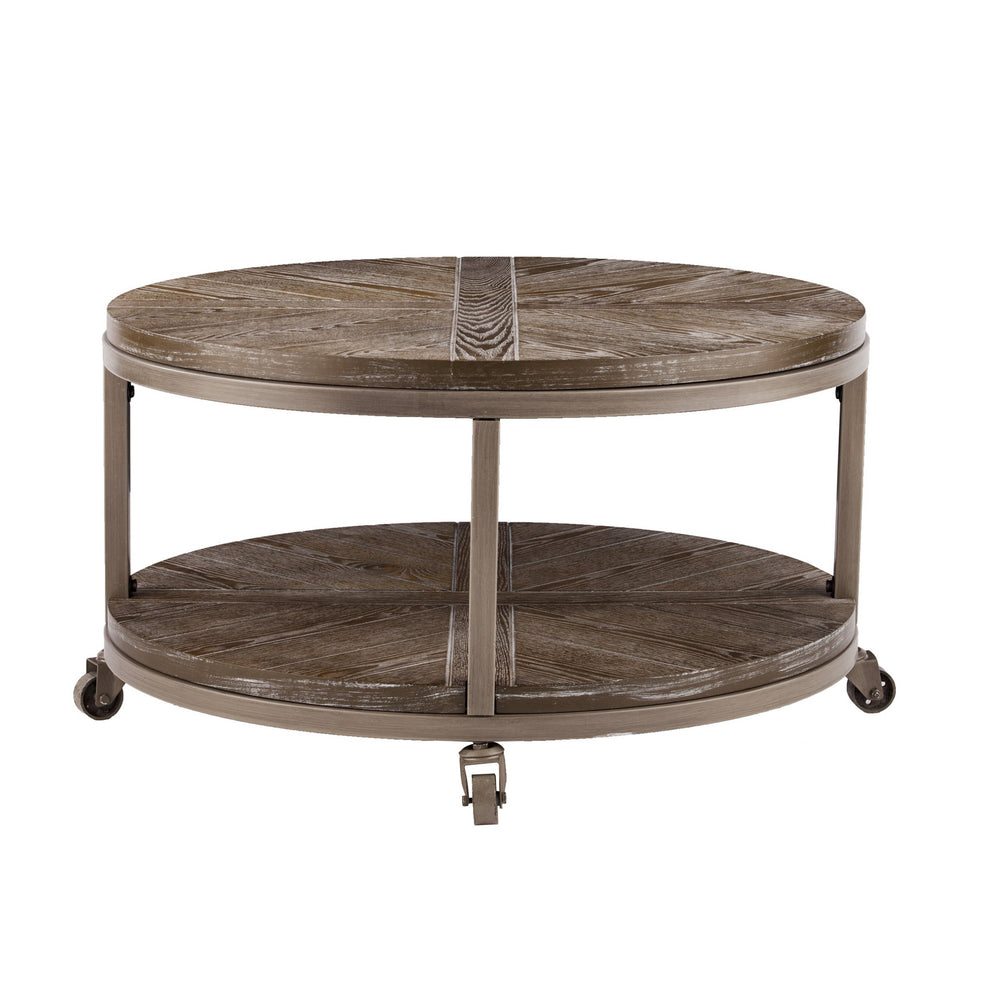 32" Brown Rustic and Distressed Round Two Tier Rolling Coffee Table By Homeroots | Coffee Tables | Modishstore - 4