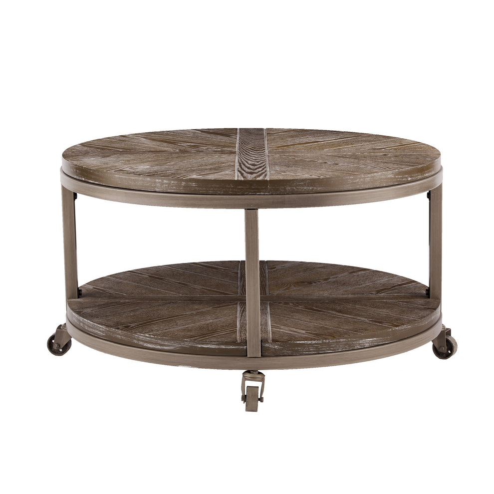32" Brown Rustic and Distressed Round Two Tier Rolling Coffee Table By Homeroots | Coffee Tables | Modishstore - 5