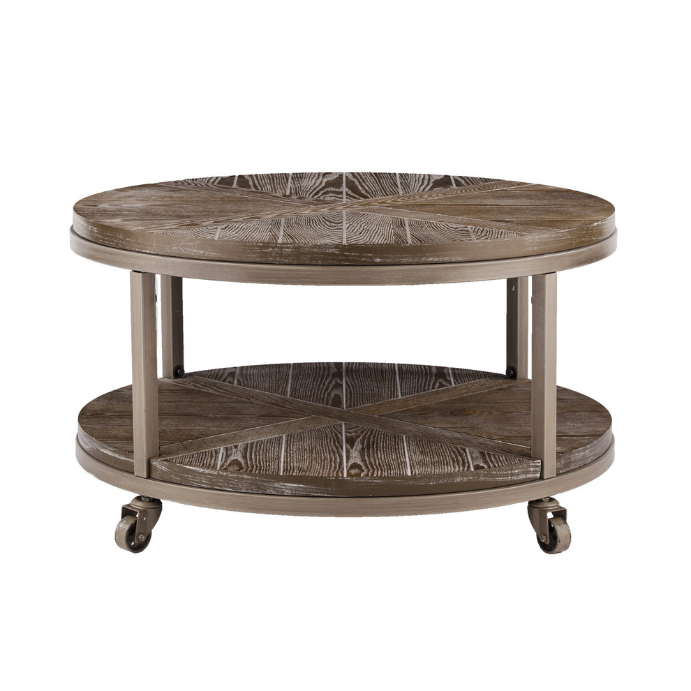 32" Brown Rustic and Distressed Round Two Tier Rolling Coffee Table By Homeroots | Coffee Tables | Modishstore - 6
