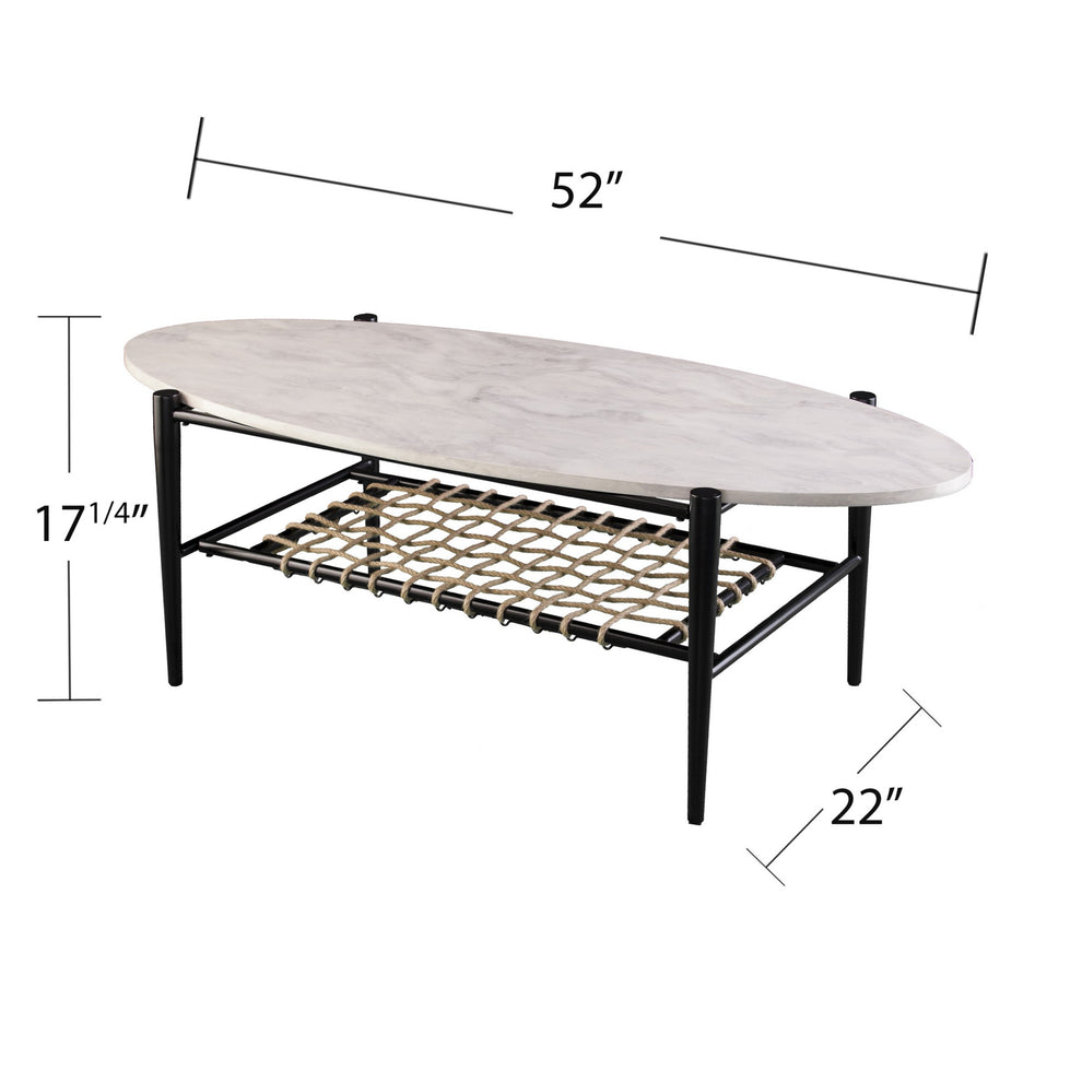 52" Black and White Metal and Faux Marble Boho Rope Oval Coffee Table By Homeroots | Coffee Tables | Modishstore - 8