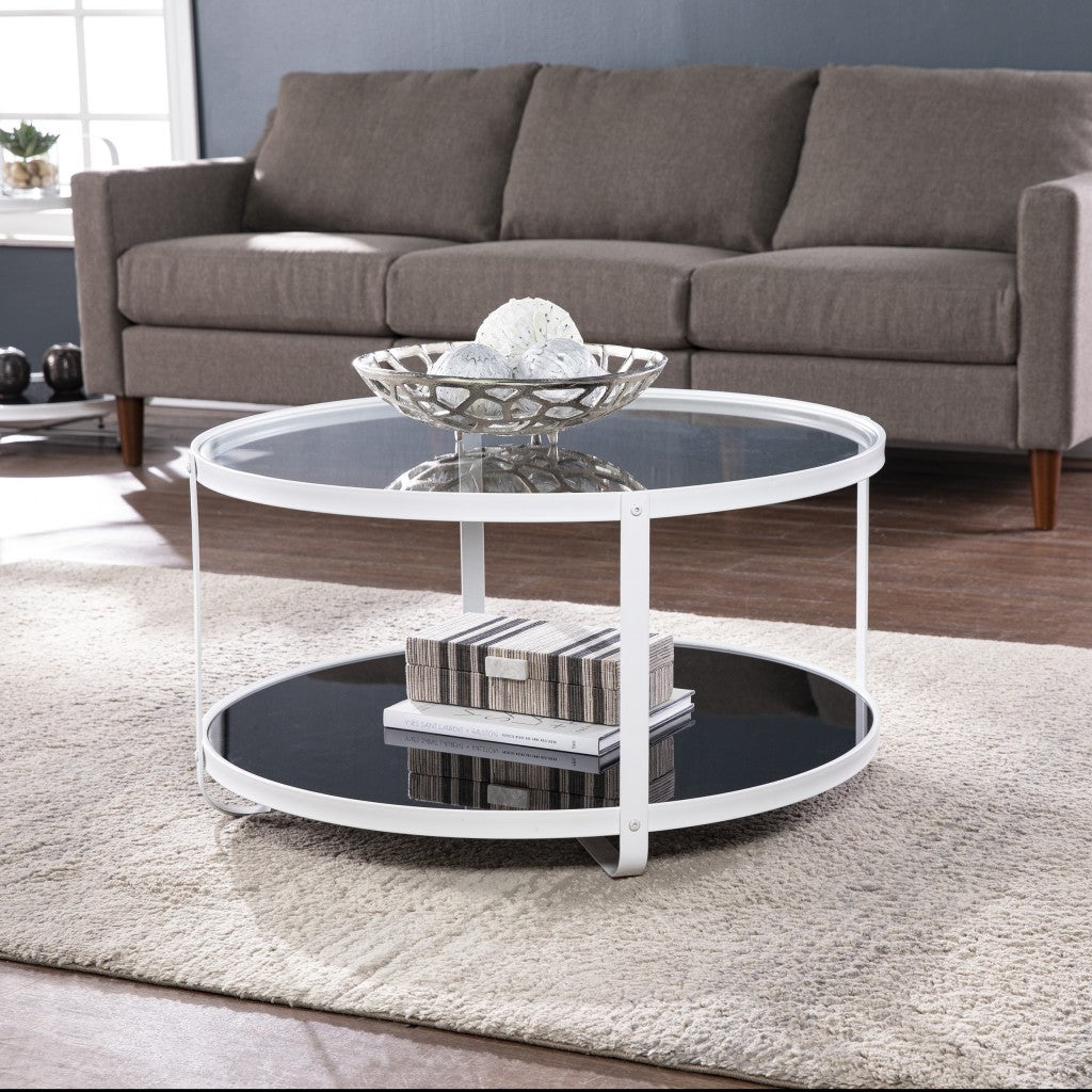 32" White Glass And Metal Two Tier Round Coffee Table By Homeroots | Coffee Tables | Modishstore