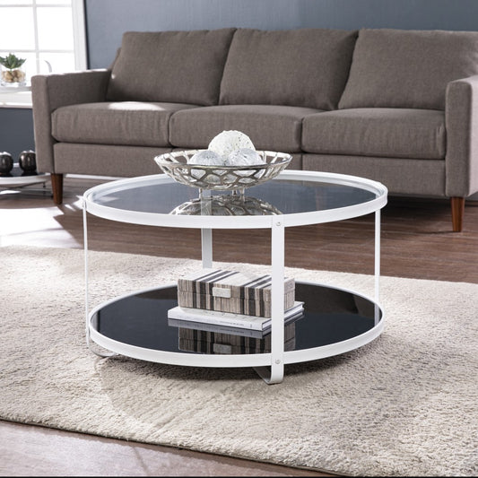 32" White Glass And Metal Two Tier Round Coffee Table By Homeroots | Coffee Tables | Modishstore