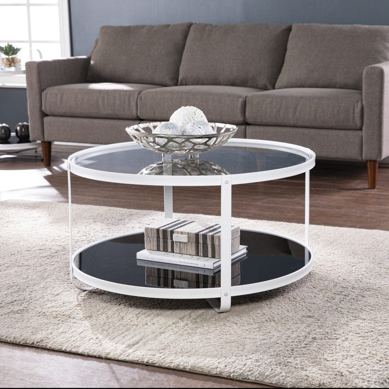 32" White Glass And Metal Two Tier Round Coffee Table By Homeroots | Coffee Tables | Modishstore