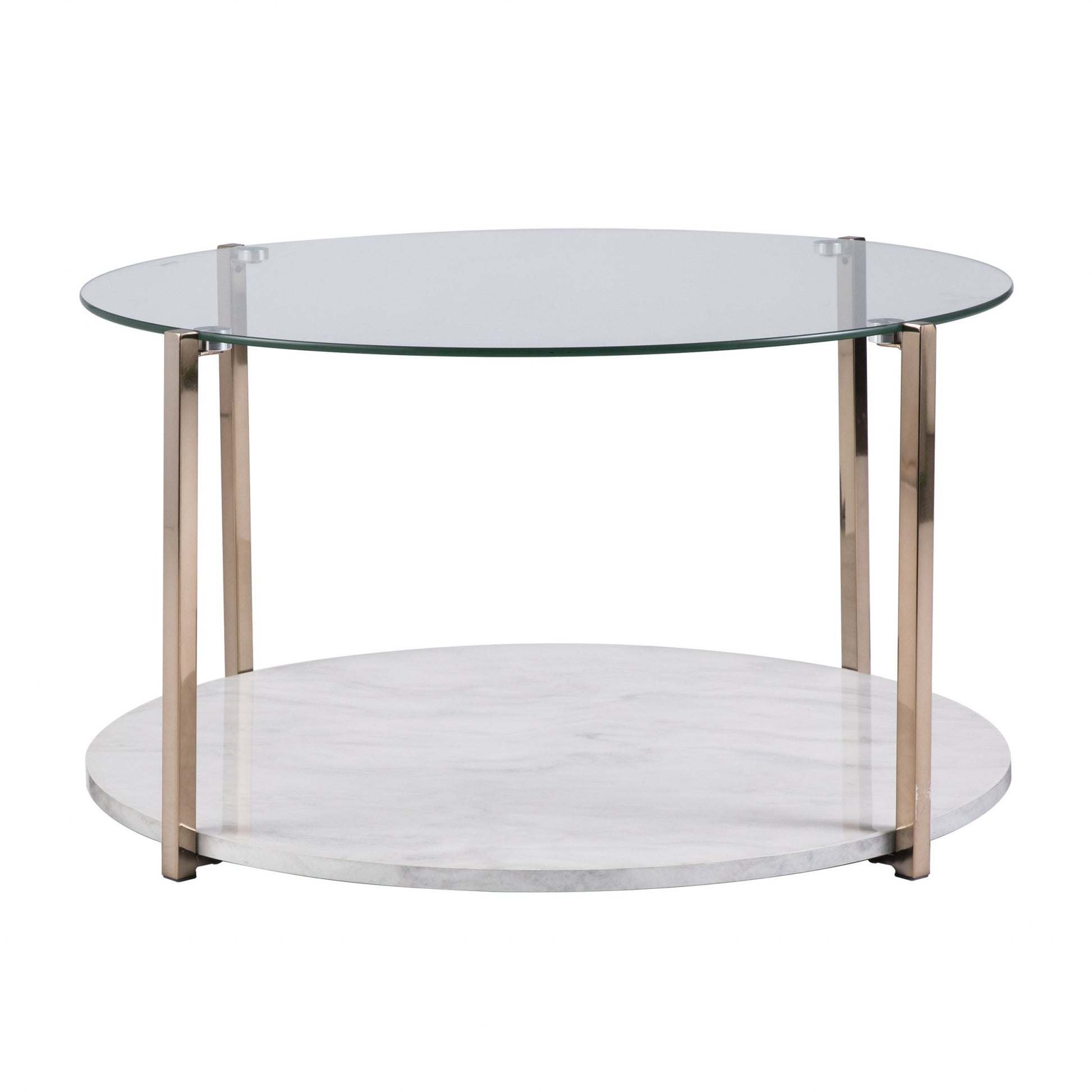 33" Gold Glam Glass And Faux Marble Two Tier Round Coffee Table By Homeroots | Coffee Tables | Modishstore