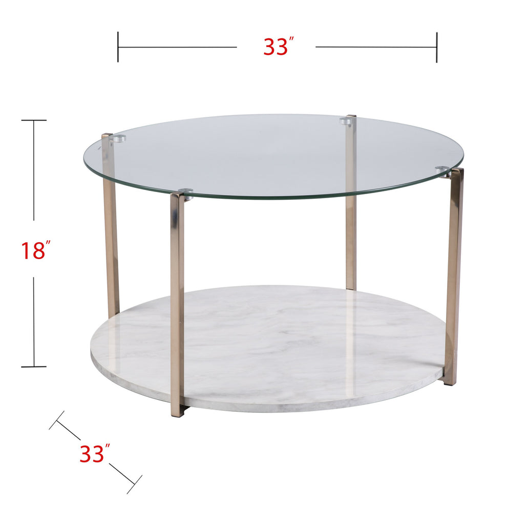 33" Gold Glam Glass And Faux Marble Two Tier Round Coffee Table By Homeroots | Coffee Tables | Modishstore - 7