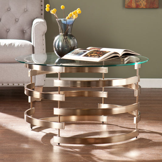 32" Champagne Glass And Metal Round Coffee Table By Homeroots | Coffee Tables | Modishstore