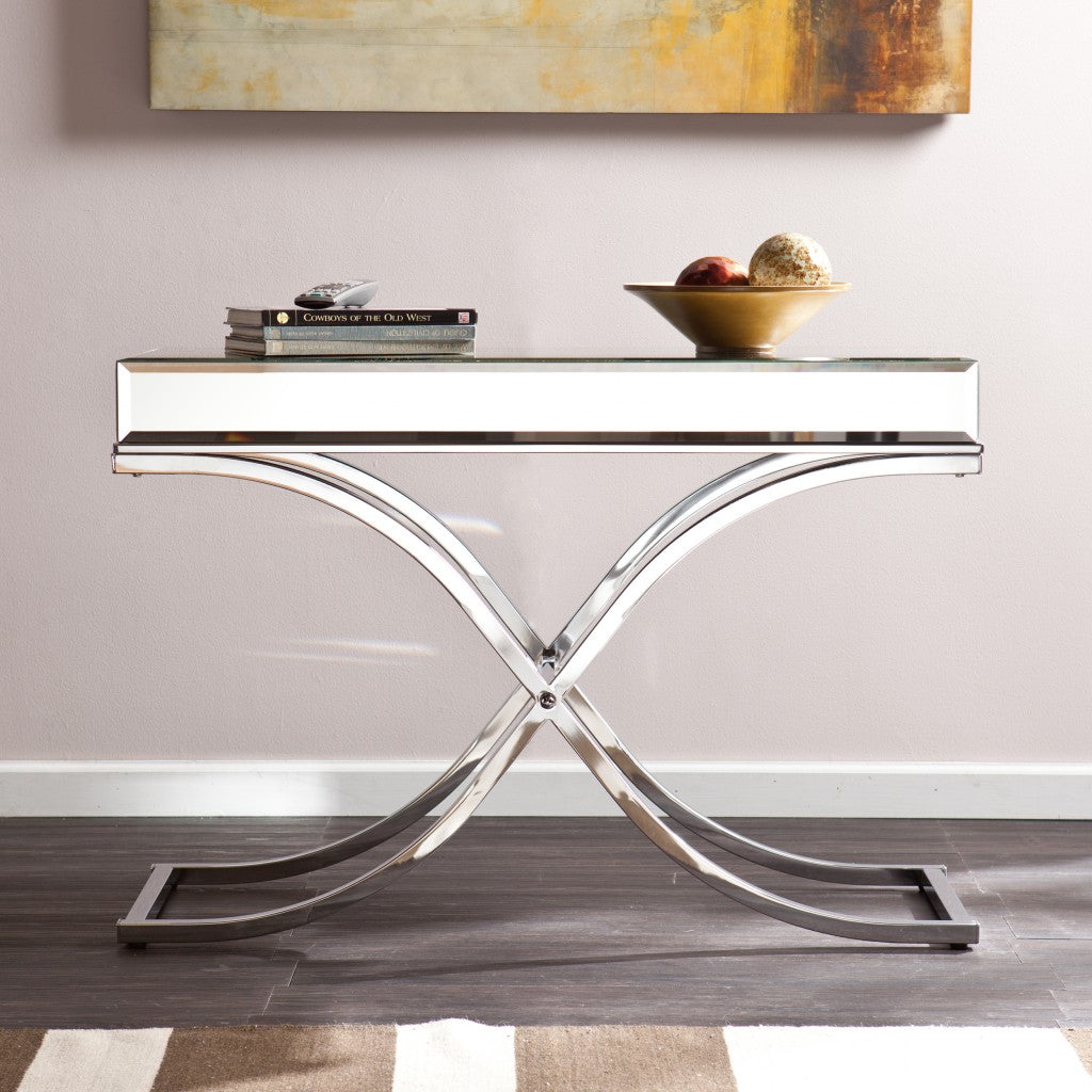 42" Silver Mirrored Glass Cross Leg Console Table By Homeroots