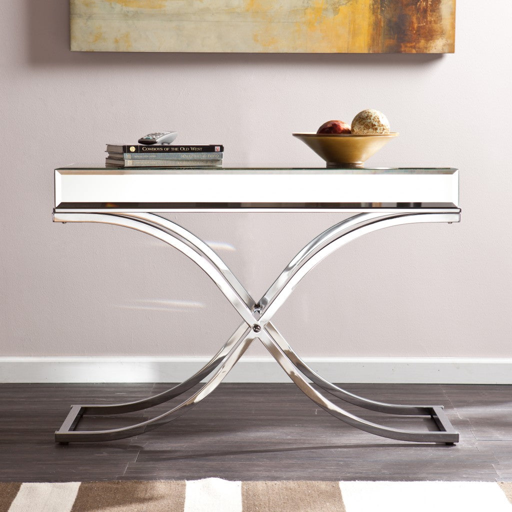 42" Silver Mirrored Glass Cross Leg Console Table By Homeroots | Console Tables | Modishstore - 4
