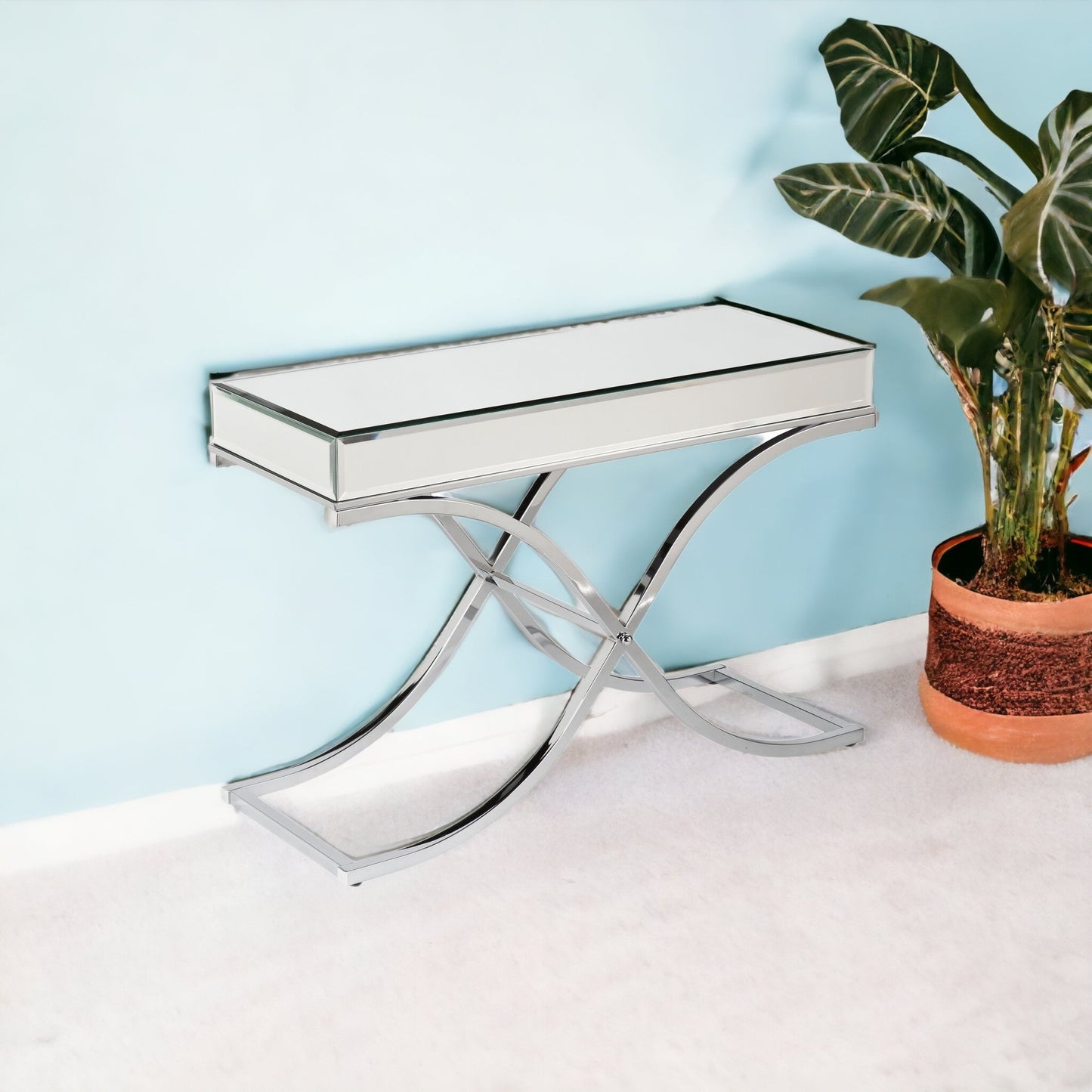 42" Silver Mirrored Glass Cross Leg Console Table By Homeroots | Console Tables | Modishstore - 2