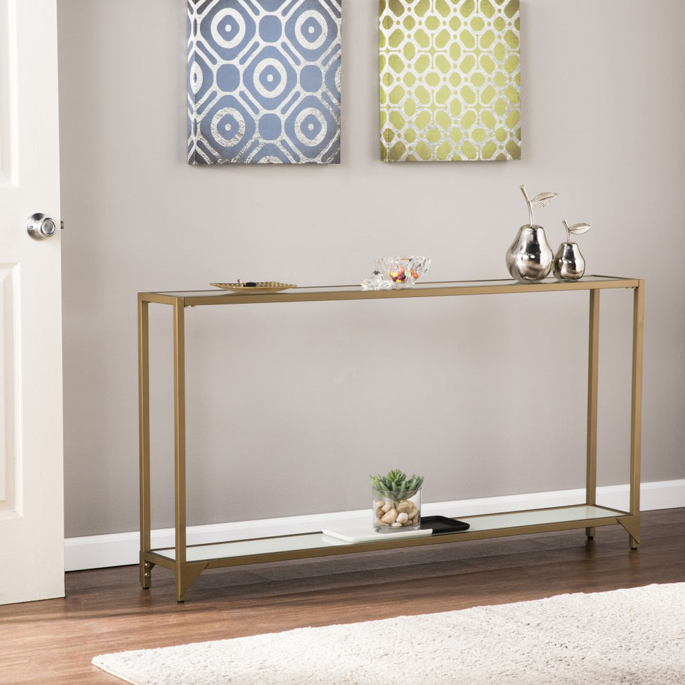 56" Clear and Gold Glass Floor Shelf Console Table With Storage By Homeroots | Console Tables | Modishstore - 7