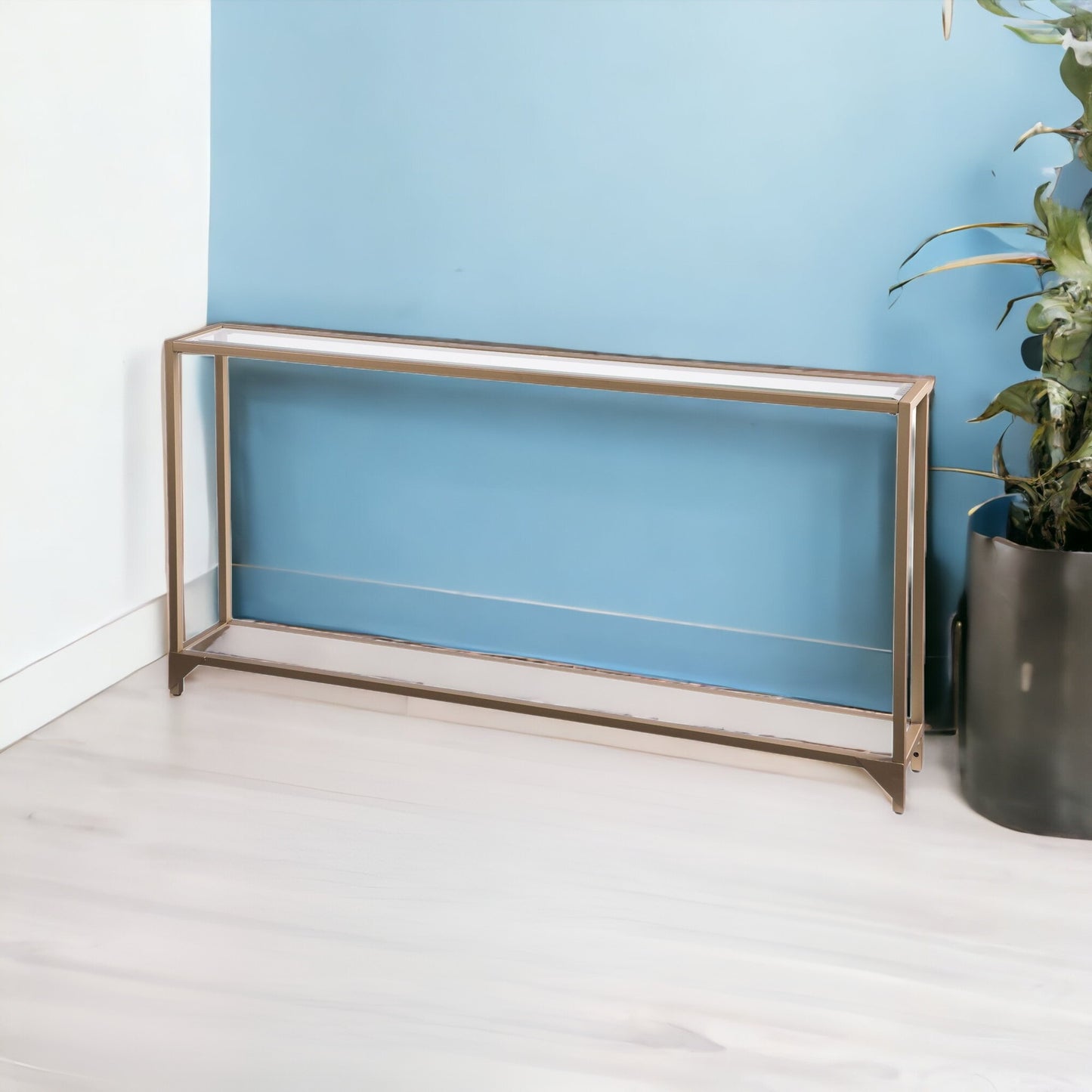 56" Clear and Gold Glass Floor Shelf Console Table With Storage By Homeroots