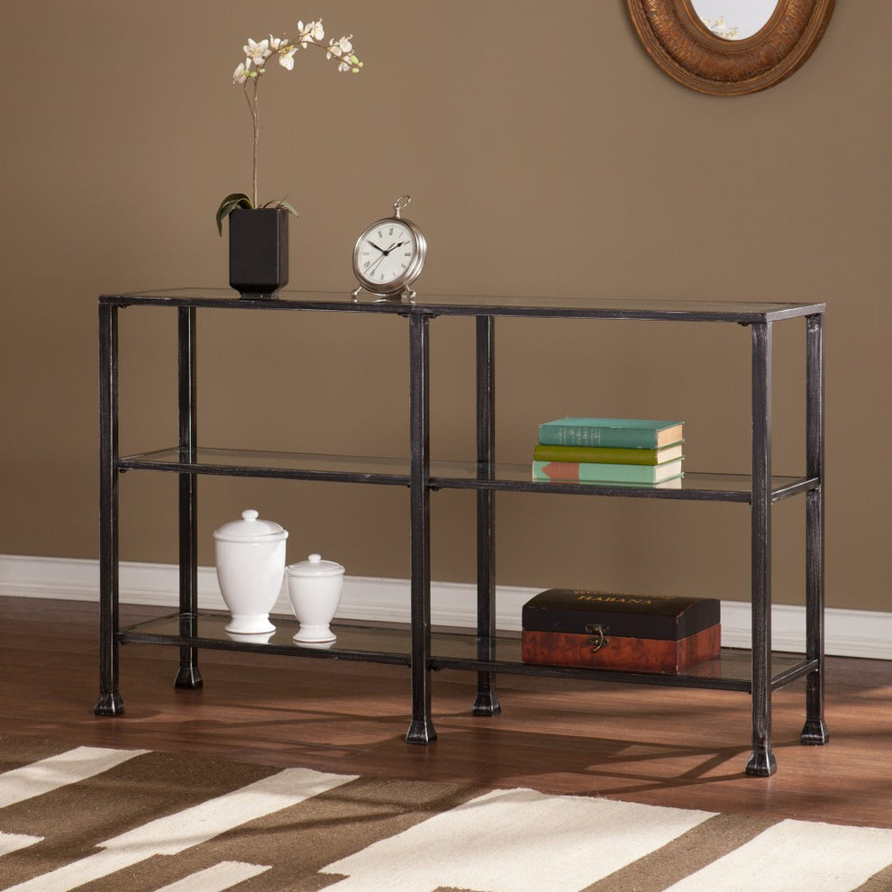 49" Clear and Black Glass Distressed Floor Shelf Console Table With Storage By Homeroots | Console Tables | Modishstore - 5