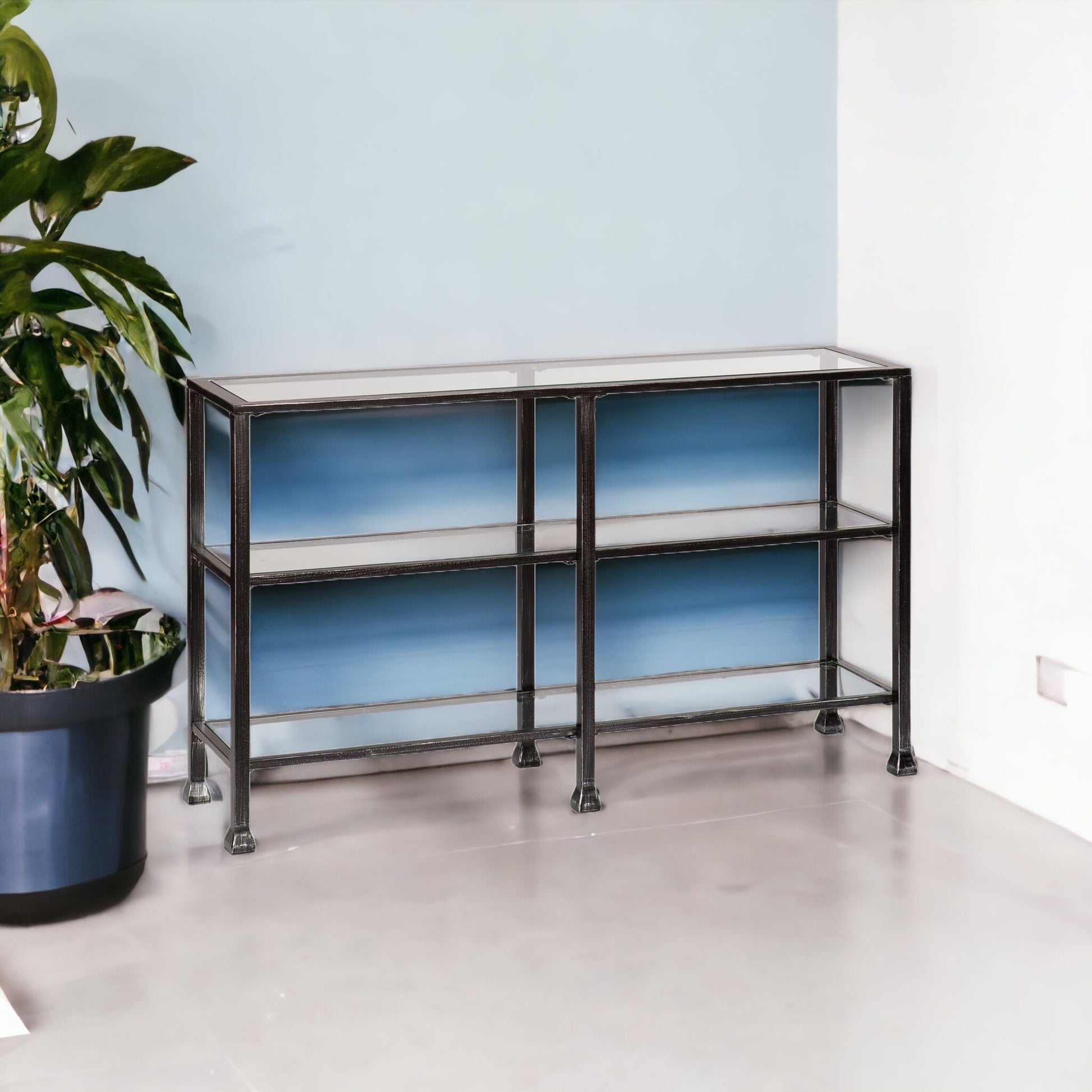 49" Clear and Black Glass Distressed Floor Shelf Console Table With Storage By Homeroots | Console Tables | Modishstore - 2