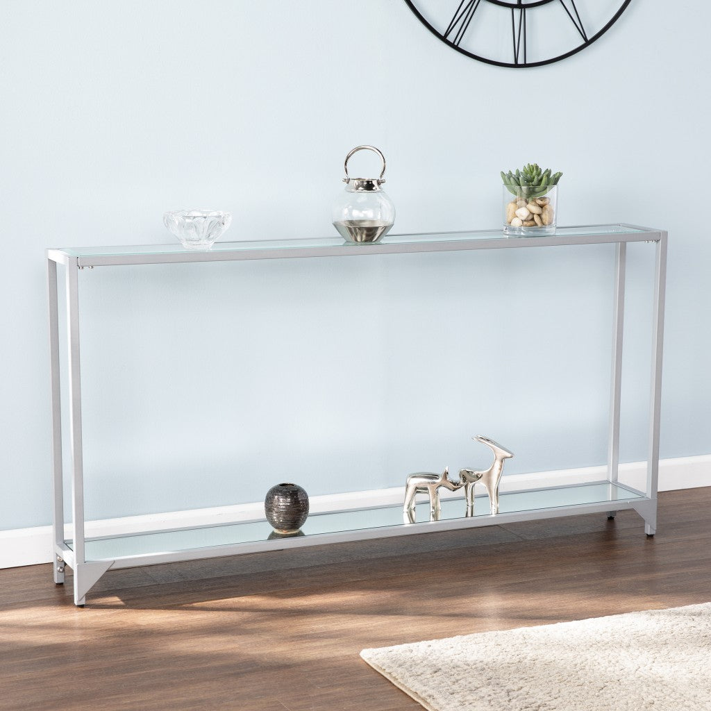 56" Clear and Silver Glass Mirrored Floor Shelf Console Table With Storage By Homeroots | Console Tables | Modishstore - 8