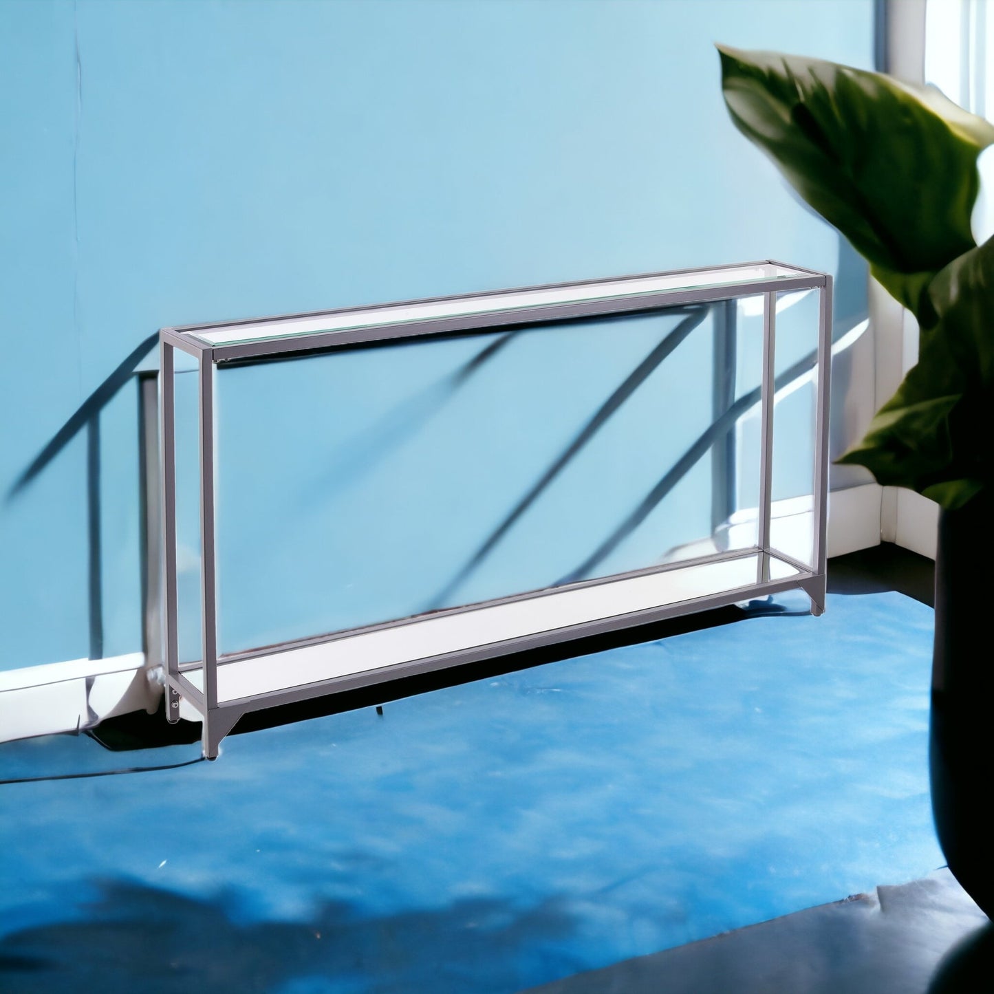 56" Clear and Silver Glass Mirrored Floor Shelf Console Table With Storage By Homeroots | Console Tables | Modishstore - 6