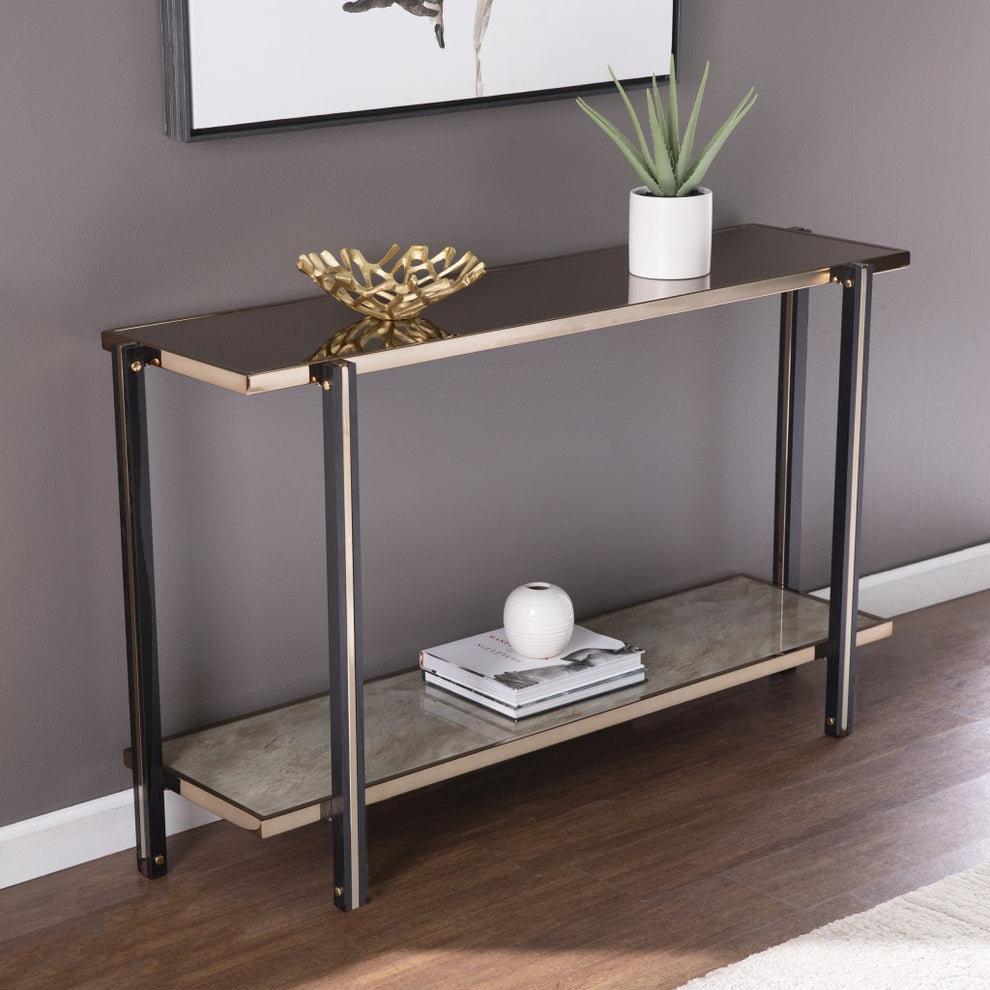 50" Smoky Black and Champagne Glass Mirrored Floor Shelf Console Table With Storage By Homeroots | Console Tables | Modishstore - 8
