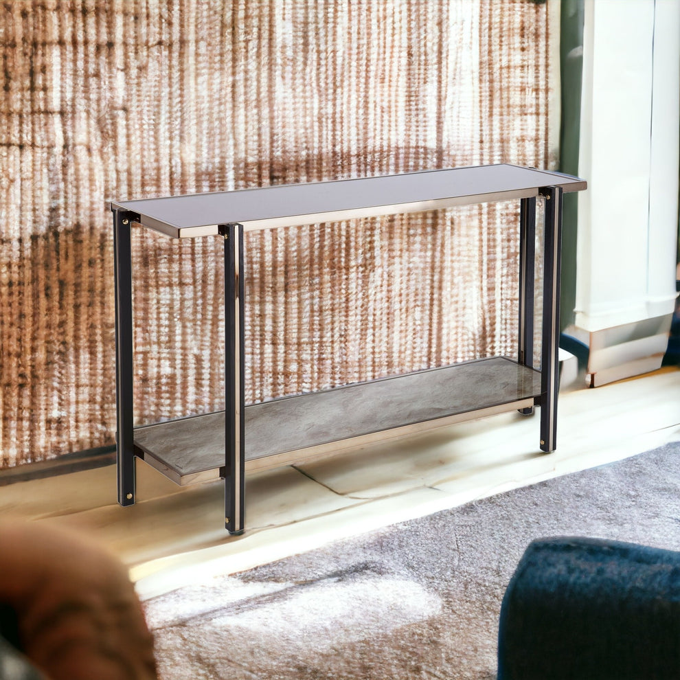 50" Smoky Black and Champagne Glass Mirrored Floor Shelf Console Table With Storage By Homeroots | Console Tables | Modishstore - 6