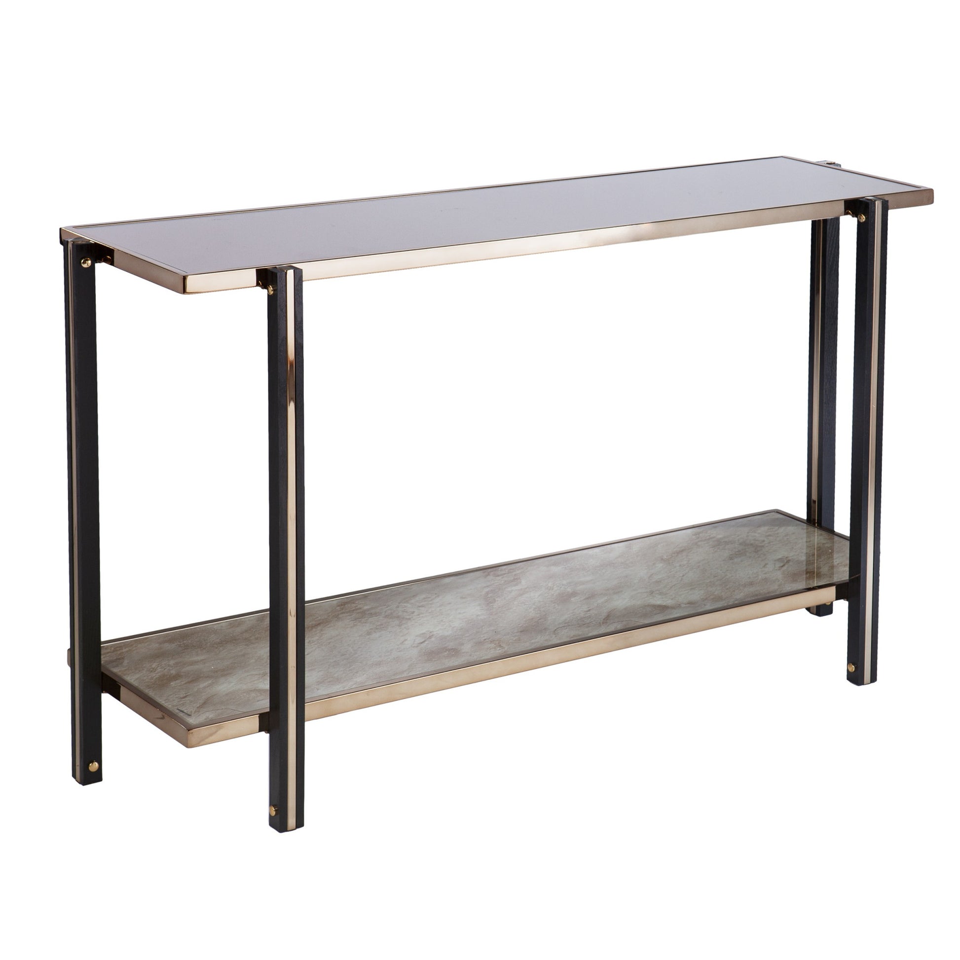 50" Smoky Black and Champagne Glass Mirrored Floor Shelf Console Table With Storage By Homeroots | Console Tables | Modishstore
