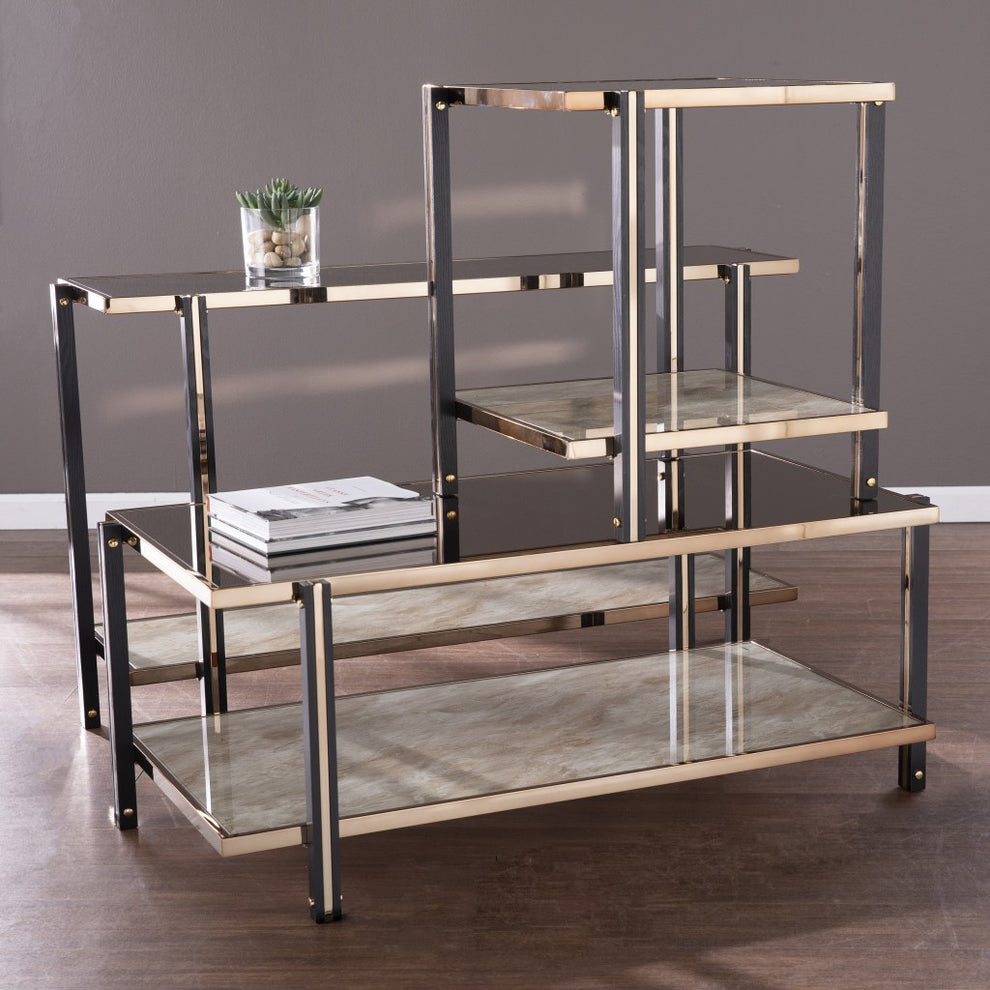 50" Smoky Black and Champagne Glass Mirrored Floor Shelf Console Table With Storage By Homeroots | Console Tables | Modishstore - 9