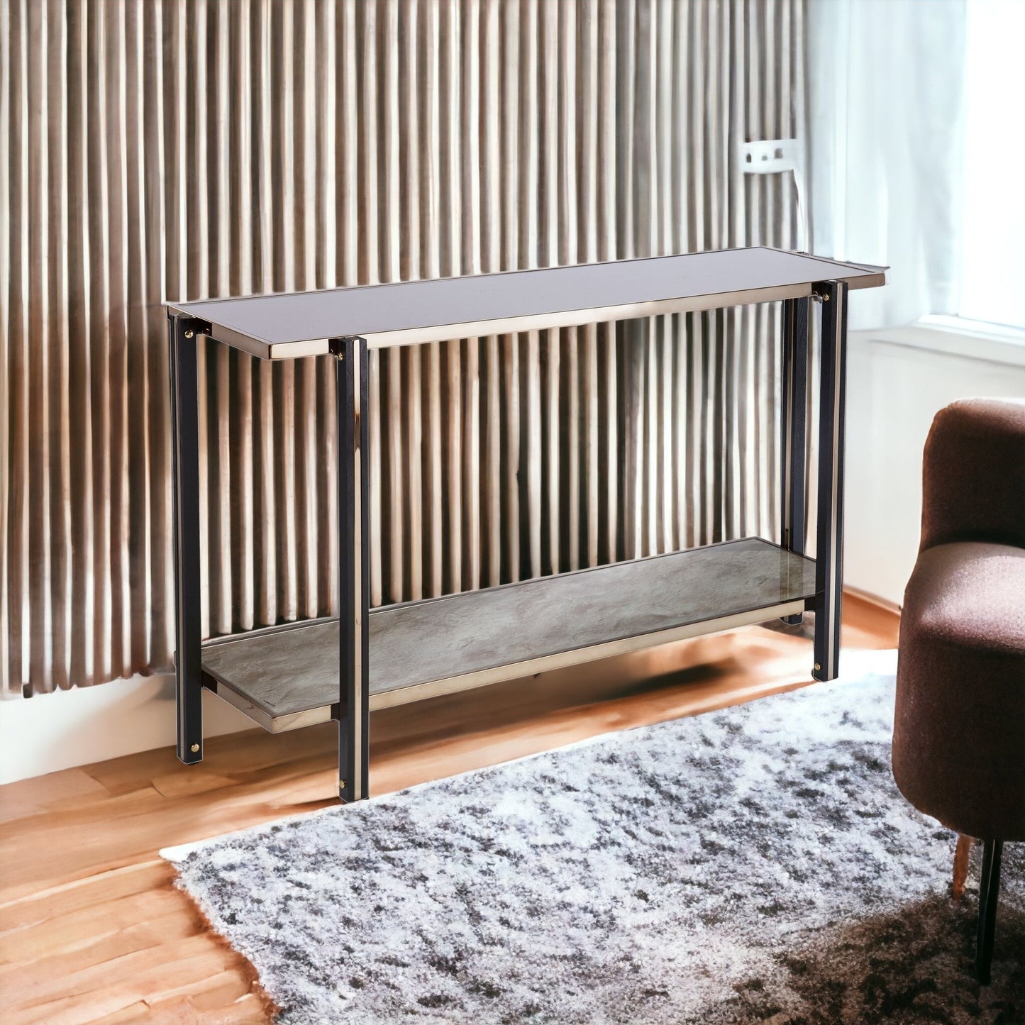 50" Smoky Black and Champagne Glass Mirrored Floor Shelf Console Table With Storage By Homeroots | Console Tables | Modishstore - 7