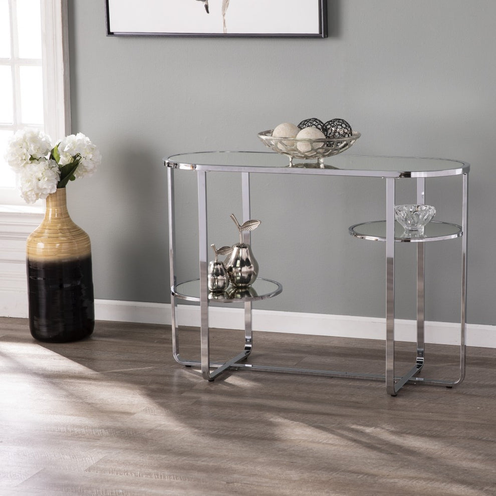 42" Clear and Silver Mirrored Glass Oval Frame Console Table With Storage By Homeroots | Console Tables | Modishstore - 7