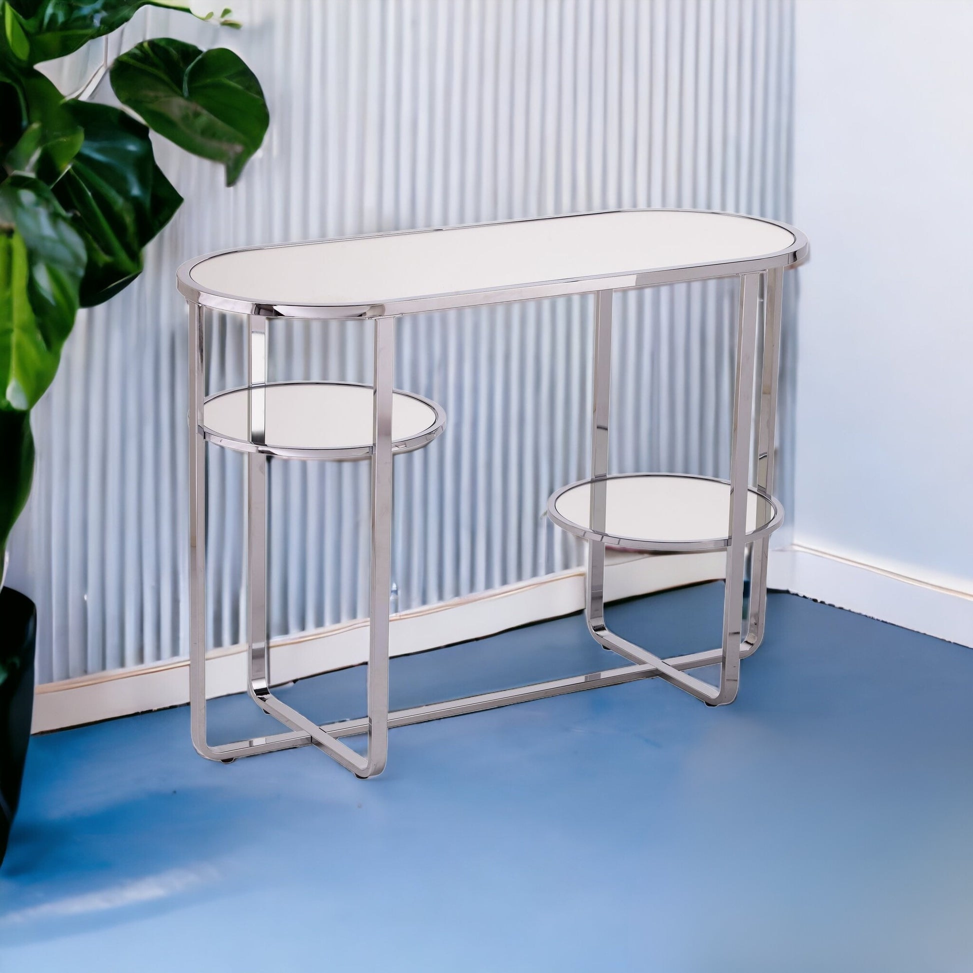 42" Clear and Silver Mirrored Glass Oval Frame Console Table With Storage By Homeroots | Console Tables | Modishstore - 5