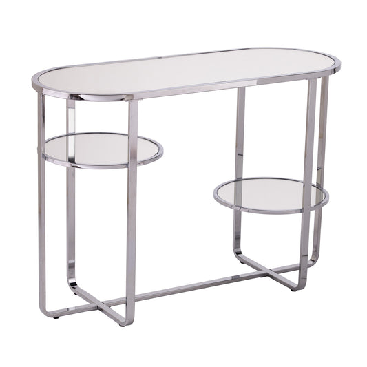 42" Clear and Silver Mirrored Glass Oval Frame Console Table With Storage By Homeroots | Console Tables | Modishstore