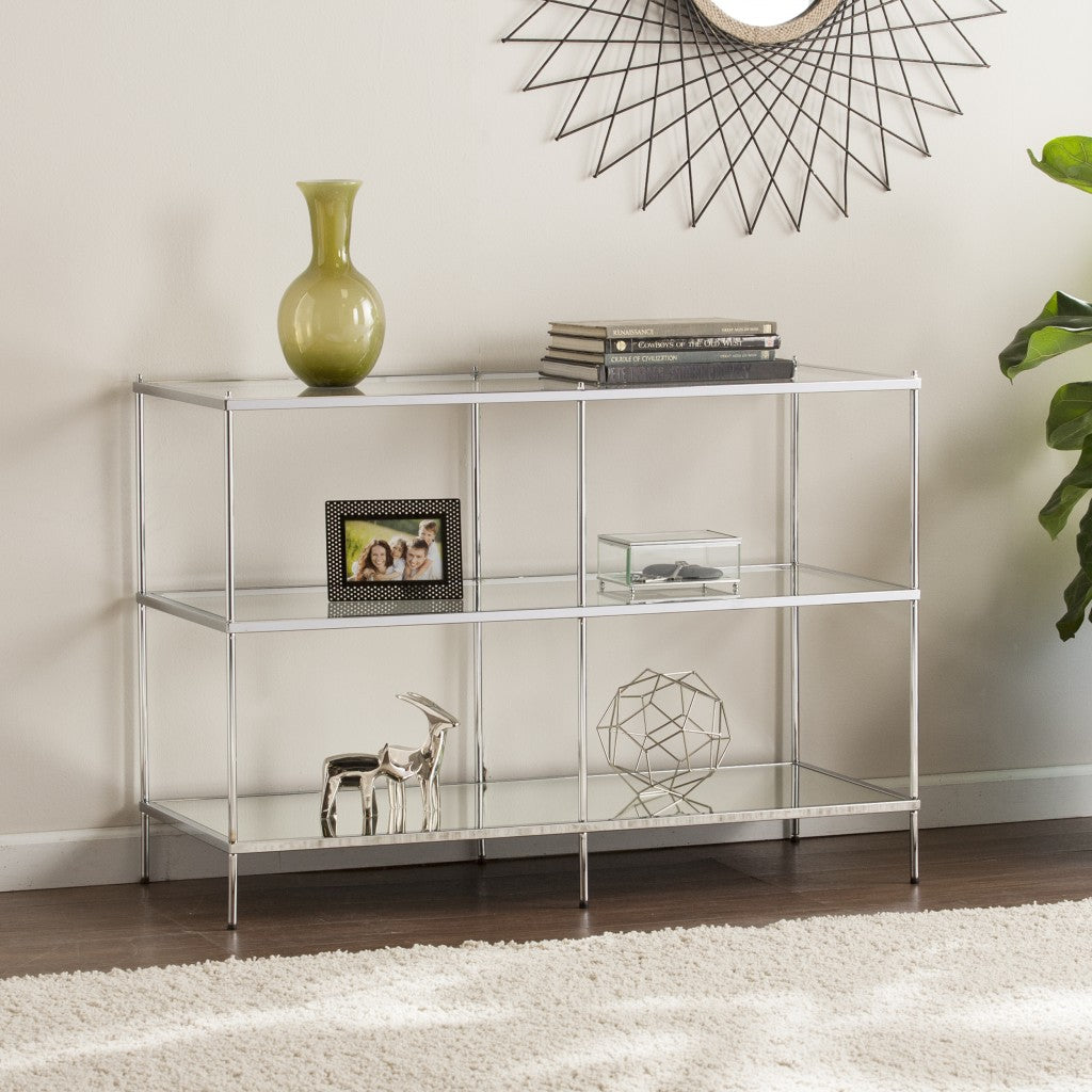 42" Clear and Silver Glass Mirrored Floor Shelf Console Table With Storage By Homeroots